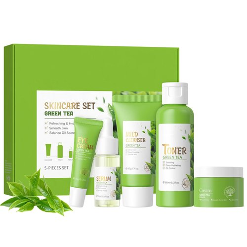 ARCHIDATE Green Tea Skincare Routine Set, Soothe Skin Care Gift Set, Deep Cleaning, Oil Control, Moisturize & Improve Skin, Facial Care Set with Cleanser, Toner, Serum, Eye Cream and Face Cream