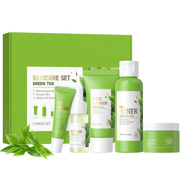 ARCHIDATE Green Tea Skincare Routine Set, Soothe Skin Care Gift Set, Deep Cleaning, Oil Control, Moisturize & Improve Skin, Facial Care Set with Cleanser, Toner, Serum, Eye Cream and Face Cream