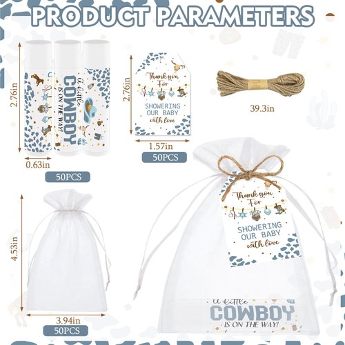50 PCS Baby Shower Favors Lip Balms for Guests,Baby Shower Games Favors Boys Girls Neutral Gender Reveal Favors with Thank You Card Tags Baby Shower Decorations Cowboy