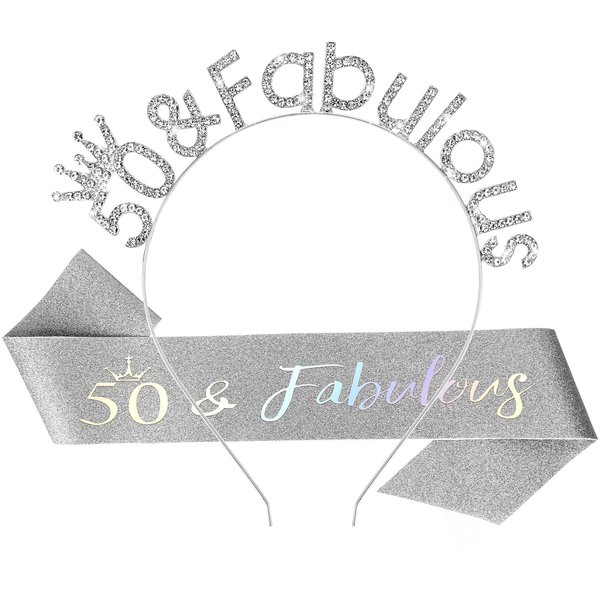 CIEHER 50th Birthday Crown & 50 and Fabulous Birthday Sash, 50th Birthday Tiara for Girls, 50th Birthday Sash 50th Birthday Decorations for Women, 50th Birthday Gifts - Silver