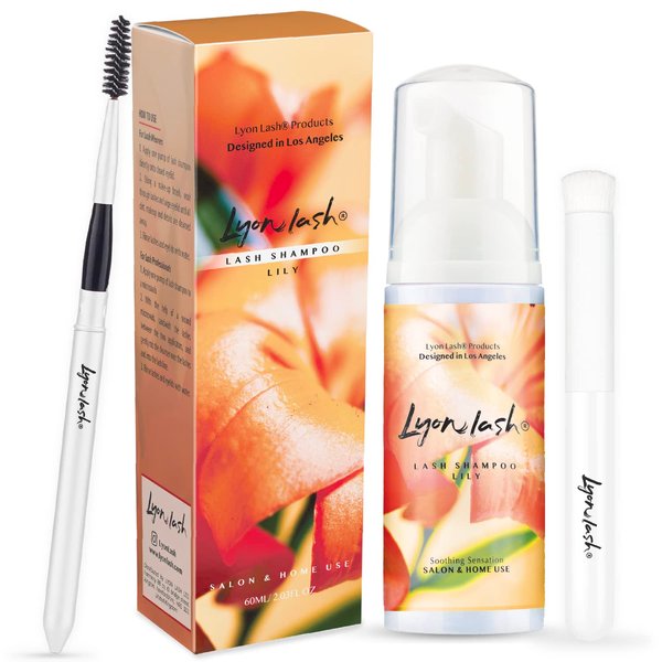 Lyon Lash Eyelash Extension Shampoo (Lily), Gentle Formula Paraben & Sulfate Free, Oil Free Foam Cleanser Kit | Remove Eye Makeup & Oil & Dust | Professional Salon And Home Use (60ml + 1 mascara wand + 1 cleansing brush)