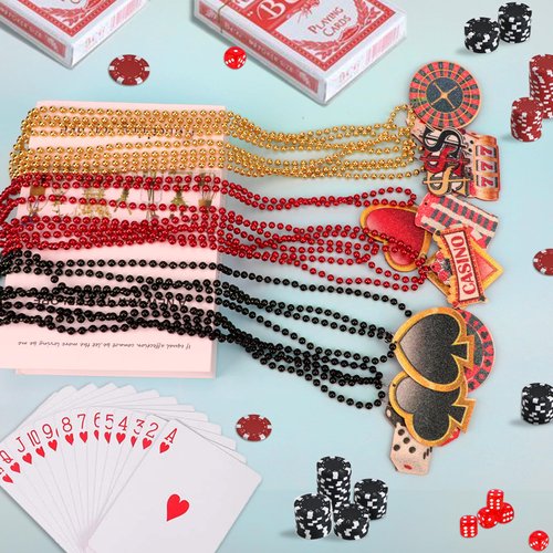 48 Pieces Casino Night Beaded Necklaces Set Dice Poker Dollar Sign Necklaces Casino Theme Party Beaded Necklaces Gold Red Black Beaded Necklace for Casino Party Favors Game Night Decor
