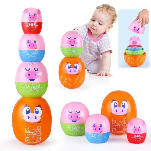 Wanonoo Piggy Toddler Stacking Nesting Toys for Toddlers 1-3, 8PCS Pig Eggs Matching Game STEM Preschool Learning Sensory Nesting Dolls Animals Baby Bath Toys Gift for 6 Months+, Speech Therapy Toys