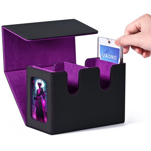 UAONO Deck Box with Dual Commander Displays, Card Storage Box Holds 250+ Single-Sleeved Cards, Trading Card Box Suitable for CCG, MTG, EDH（Black&Purple）