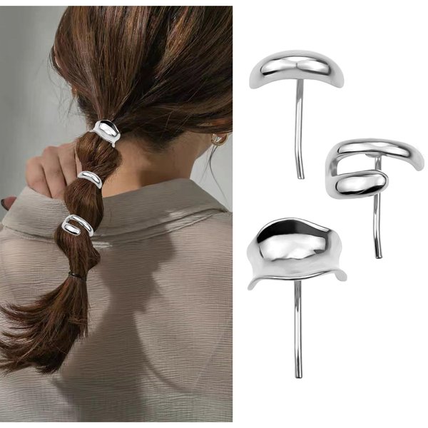 3 Pcs Silver Hair Cuffs,Metal Hair Cuff,Silver Ponytail Cuff,Hair Cuffs for Ponytails,Metal Hair Tie,Pony Cuff for Hair,Metal Ponytail Holder Cuff,High Ponytail Decorative Ponytail Holders for Women