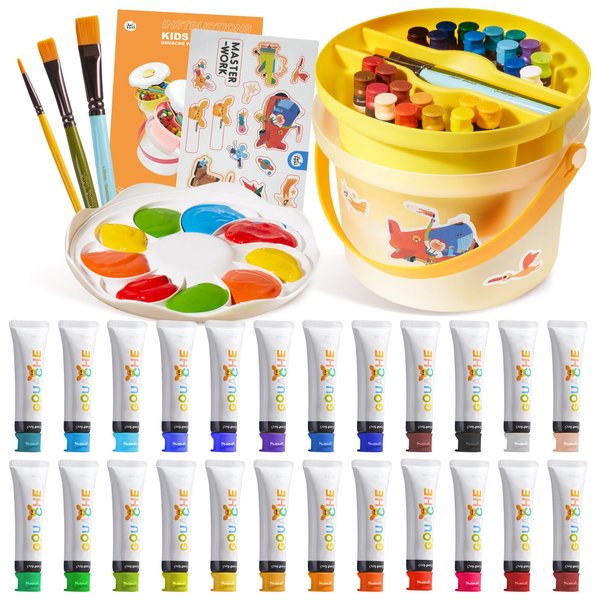 Jar Melo Washable Paint Set for Kids 4-12 | Layered & Organized Gouache Paint Kit | Multi-Function Bucket with 3 Paint Brushes | Ideal Arts Painting Gift for Boys & Girls Art Supplies