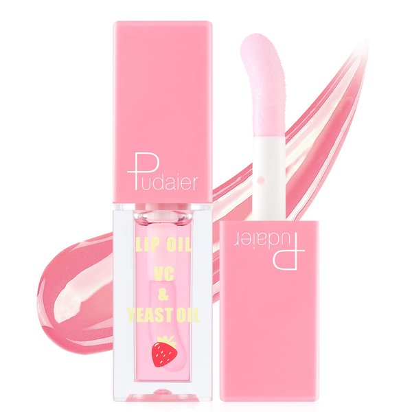 Marine Forest Pudaier Hydrating Fruit Extract Oil Tinted for Dry Lip and Lip Care, Shiny and Moisturizing Transparent Lip Gloss (Strawberry)