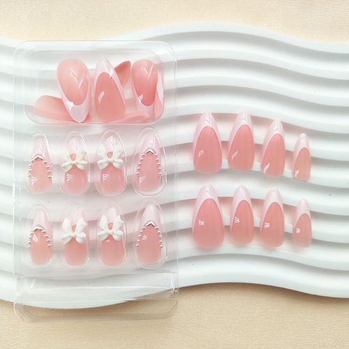 White French Tip Press on Nails Almond Medium Fake Nails with White Pearls Bow Designs Pink Full Cover Glue on Nails Press ons Acrylic False Nails Glossy Stick on Nails for Women Girls 24pcs
