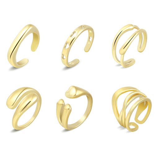 wgoud 6PCS Dome Chunky Gold Rings for Women, 14K Gold Plated Braided Twisted Stackable Signet Rings, Adjustable Open Ring Band Statement Jewelry Gift (6Pcs Gold Ring B)