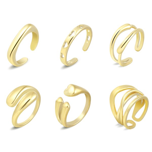 wgoud 6PCS Dome Chunky Gold Rings for Women, 14K Gold Plated Braided Twisted Stackable Signet Rings, Adjustable Open Ring Band Statement Jewelry Gift (6Pcs Gold Ring B)