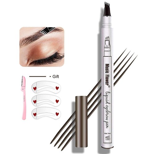 Eyebrow Pen,MoonKong 4 Point Eyebrow Pencil Waterproof Eye Brown Makeup,Eyebrow Kits with 3 Eyebrow Stencil,1 Brow Razor(2# Light Brown)