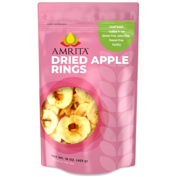 Amrita Dried Apple Rings 16 oz | No Sugar Added, Vegan, non-GMO, Gluten Free, Peanut Free, Soy Free, Dairy Free | Packed Fresh in Resealable Bags | Dehydrated Apples for Baking or Snacking