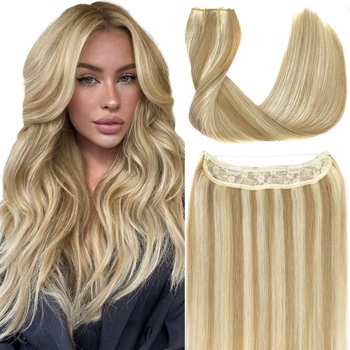 RECOOL Wire Hair Extensions Real Human Hair Balayage Light Blonde to Bleach Blonde Remy Hair Extensions Invisible Wire Hair Extension Straight Clip in Hair Extensions(16 inch)