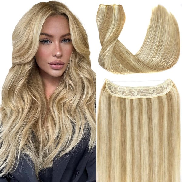 RECOOL Wire Hair Extensions Real Human Hair Balayage Light Blonde to Bleach Blonde Remy Hair Extensions Invisible Wire Hair Extension Straight Clip in Hair Extensions(16 inch)