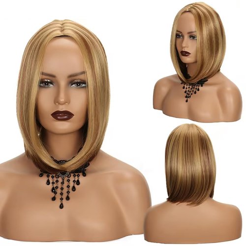 13 Inch Short Bob Wigs Blonde Highlight Wig for Women Straight Shoulder Length Synthetic Wig for Daily Use (B)