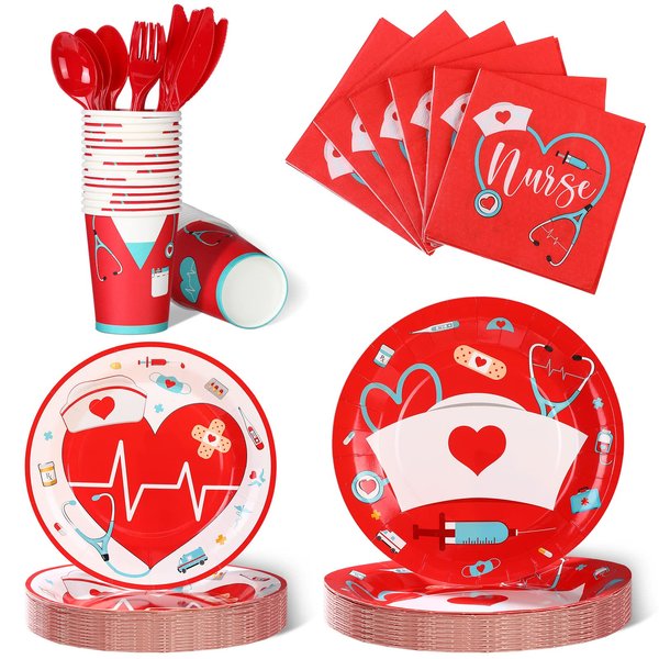168 Pcs Nurse Graduation Party Decorations, Doctor Nurse Medical Birthday Party Tableware Set 24 Guests Dinner Dessert Plates Cups Napkins for Doctors Day Nursing School Office Party Supplies (Red)
