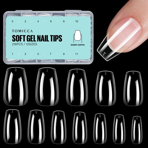 TOMICCA Coffin Acrylic Nails - Clear Short Coffin Nails, 216Pcs Fake False Nails for Nail Extensi...