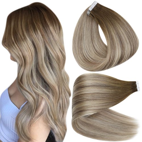 Full Shine 20 Inch Tape in Real Human Hair Balayage Color 3 Fading to 8 Highlighted 22 Medium Blonde Tape Hair Extensions Seamless Invisible 50 Grams Skin Weft Glue in Hair Extensions 20Pcs