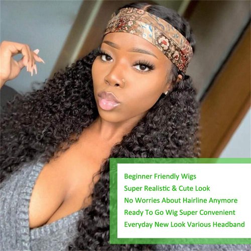 Deep Wave Headband Wigs Human Hair for Black Women 150% Density Brazilian Virgin Human Hair None Lace Front Wigs Machine Made Wigs Glueless Deep Curly Headband Human Hair Wig (16 Inch)