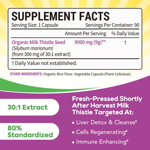 Surebounty Organic Milk Thistle, 9000 mg Equivalent, 30X Concentrated Seed Extract with 80% Silymarin, Liver Cleanse Detox for Men + Women, Once Daily, 90 Veggie Caps