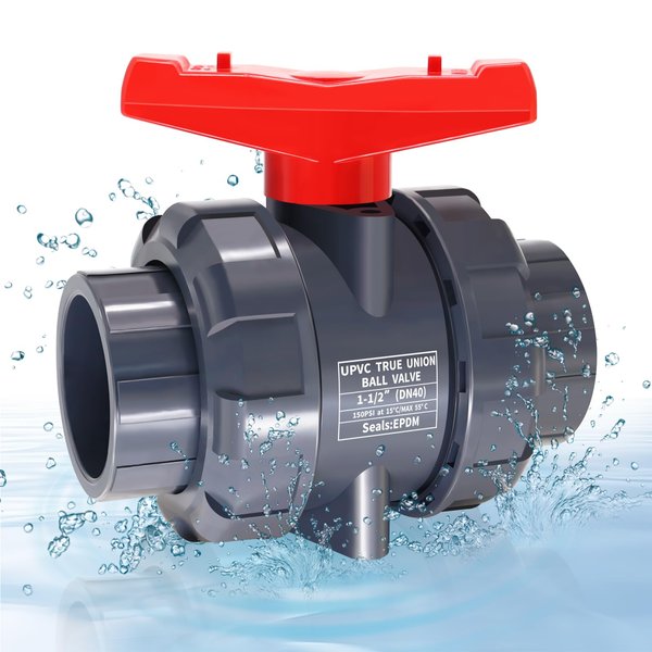 1 1/2" UPVC Full Flow Ball Valve Double True Union Ball Valve with Full Port Socket Slip Water Shut-Off Valve, EPDM o-Rings, And Reversible PTFE Seats for Swimming Pool, Irrigation(1, 1 1/2")