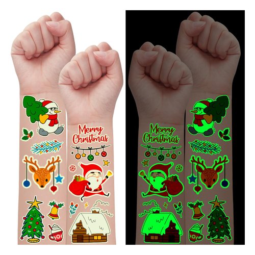 Partywind 28 Sheets Luminous Christmas Temporary Tattoos for Kids, 270 Styles Glow Christmas Kids Stocking Stuffers for Boys Girls, Snowman Snowflakes Santa Decorations for Xmas Holiday