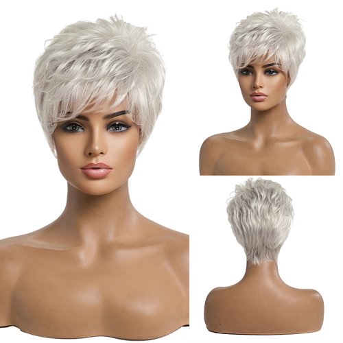 EMMOR Short Silver Grey Human Hair Wigs for Women Blend Pixie Cut Wig With Bang,Natural Daily Use Hair (Color 101#)
