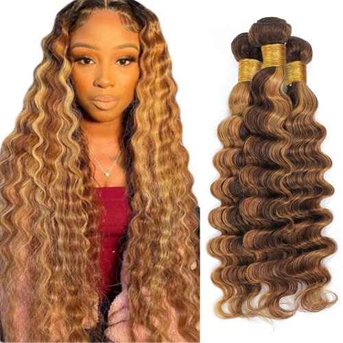 Highlight Deep Wave 3 Bundles P427 Honey Blonde Human Hair 3 Bundles Unprocessed Virgin Weave Extensions Piano Color 4/27 Brown And Honey Blonde Bundle for Women 28 28 28 Inch