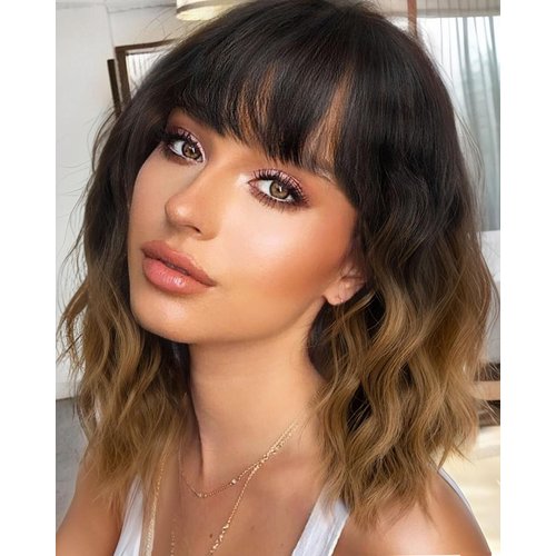 JOLNVCA Short Wavy Bob Wig with Bangs Black Ombre Brown Wigs Women Girls Shoulder Length Bob Curly Wigs Heat Resistant Synthetic Wig Daily Party Cosplay Wig
