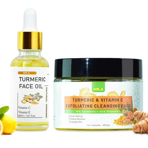 40 pcs Turmeric Cleansing Pads for Face Turmeric Facial Oil, Turmeric Exfoliating Face Scrub Pads for Glow Up Acne Scars, Unclog Pores, Turmeric Face Oil for Dry Skin, Turmeric Face Serum
