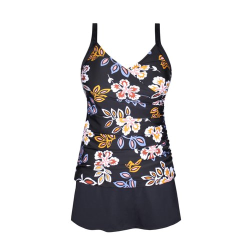 JINXUEER Plus Size Swimsuits Ruched Modest Swimdress Floral Tankini Swimwear Two Piece Skirt Bathing Suit for Women Blackflower