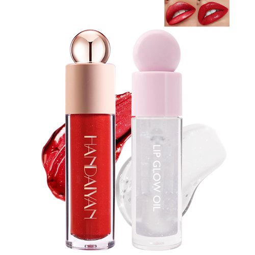 Glitter Lip Gloss Liquid Lipstick Set, Shimmer Diamond Shiny Lip Stain Gloss & Hydrating Lip Oil, High Pigment Waterproof Long Lasting Red Lip Glaze, Bold Shiny Lipstick Lip Tint Women Makeup-08+01