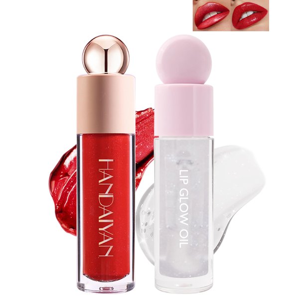 Glitter Lip Gloss Liquid Lipstick Set, Shimmer Diamond Shiny Lip Stain Gloss & Hydrating Lip Oil, High Pigment Waterproof Long Lasting Red Lip Glaze, Bold Shiny Lipstick Lip Tint Women Makeup-08+01