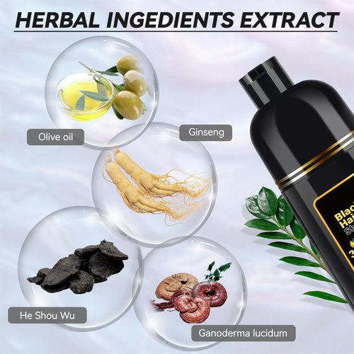 JIESSIA Black Hair Dye Shampoo 3 IN 1, Hair Color Shampoo for Gray Hair Coverage For Women & Men Natural Herbal Plant Semi Permanent Grey Hair Cover Treated, 16.9 Fl Oz