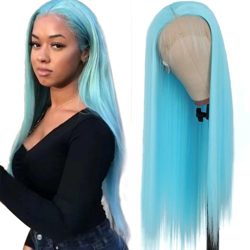 Lezaxiu Blue Lace Front Wigs Pre Plucked Wear and Go Wig Glueless Long Straight Hair Wigs Light Blue Wigs Heat Resistant Synthetic Lace Front Wigs for Black Women