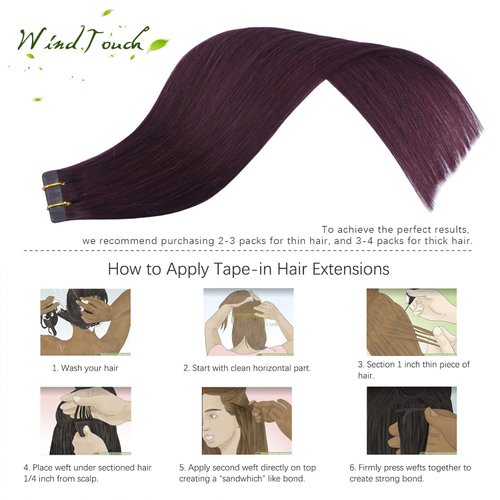 WindTouch Tape in Hair Extensions Human Hair Wine Red 100% Human Hair Extensions Straight 20 Pcs 20Inch Tape in Extensions #99j Burgundy 50g