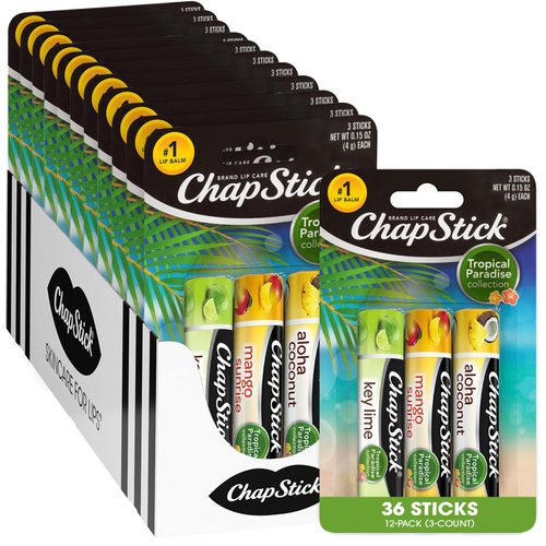 ChapStick Lip Moisturizer, Tropical Paradise Collection 3-Packs (12 Sets/36 Tubes) – Bulk Lip Balm, Luscious & Sweet, 0.15 Oz Ea