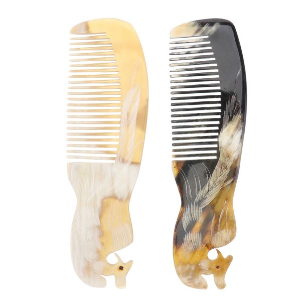 2pcs Buffalo Ox Horn Comb Handmade Engraving Anti- Static Detangling Hair Massage Horn Comb for Men Women (Random Color)