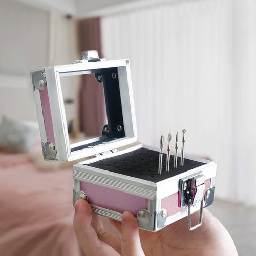 OLizee® 50 Holes Nail Drill Bits Holder with 7 Drill Bits Metal Nail Drill Tool Box Pink Nail Drill Bits Case Nail Drill Bits Organizer for Women Girls