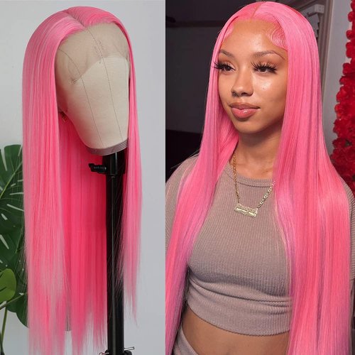 QD-Tizer Pink Lace Front Wig Long Straight Hair Pastel Pink Red Wig Heat Resistant Glueless Synthetic Lace Front Wigs for Fashion Women