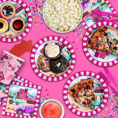 Girl Pink Construction Trucks Birthday Party Supplies Set Plates Napkins Cups Tableware Kit for 16