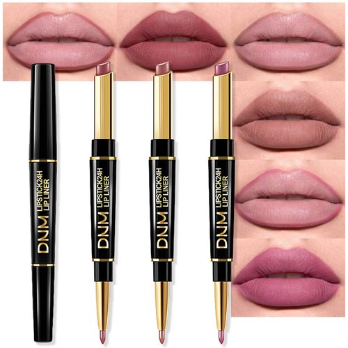 evpct 3Pcs Matte Lip Liner and Lipstick Combo Set Kit for Women, DNM Light Plum Rose Mauve Nude Beige Brown Magic Neutral Lipstick 24 Hours Original Lips Liner Pencil Stain Long Lasting Waterproof