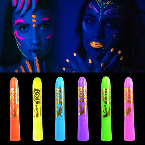 6Pcs Glow in The Dark Body Face Paint Neon Glow in The Black Light UV Fluorescent Crayons Paint Sticks Makeup Kit for Kids Adults Halloween Masquerade Mardi Gras Blacklight Birthday Party