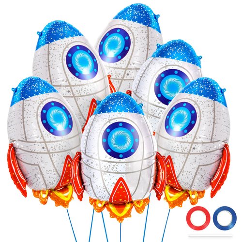 6 Pcs Rocket Balloons for Kids,Blue Rocket Foil Balloons,Outer Space Balloons,Flying Mylar Foil Balloons Space Decorations for Kids Baby Shower Universe Space Themed Birthday Party Decor