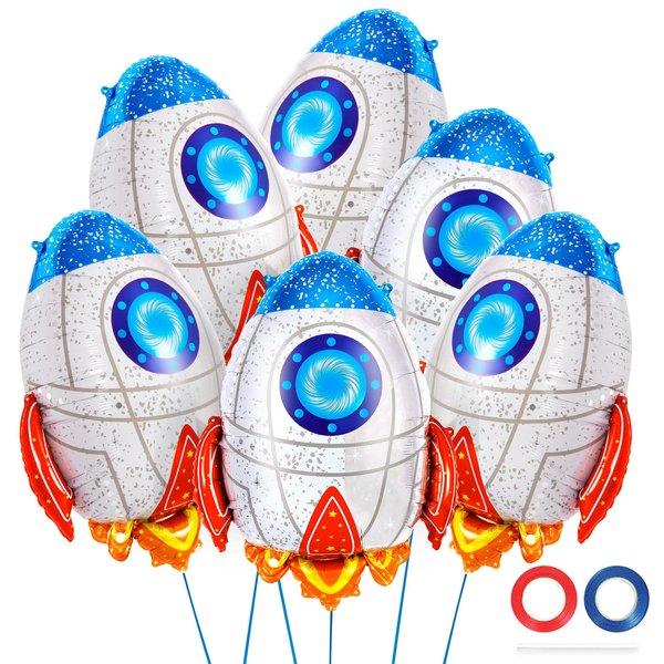 6 Pcs Rocket Balloons for Kids,Blue Rocket Foil Balloons,Outer Space Balloons,Flying Mylar Foil Balloons Space Decorations for Kids Baby Shower Universe Space Themed Birthday Party Decor