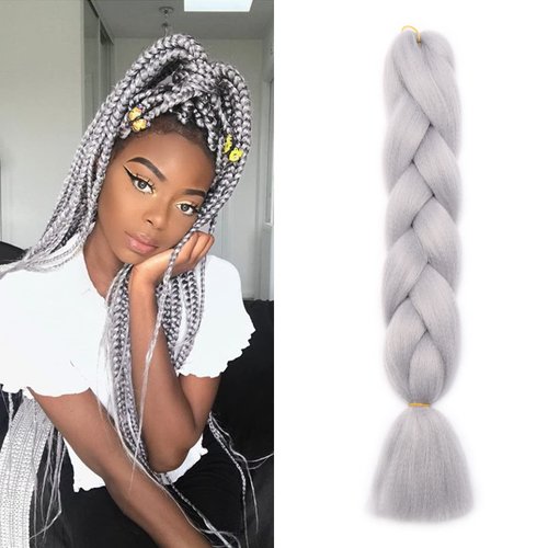 Benehair Silver Gray Braiding Hair 1 Bundle 24inch Jumbo Braiding Hair Extensions High Temperature Synthetic Braid Hair Braiding Hair Pre Stretched Braid Extensions