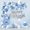101PCS Blue and White Birthday Party Decorations for Men Baby Boys Kids,3D Foil Happy Birthday Banner Balloons+White Blue Confetti Metallic Balloons Garland Arch Kit+Pump+Complete Accessories