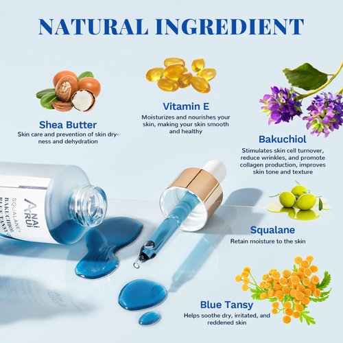 ANAI RUI Bakuchiol Blue Tansy Night-Repair Facial Oil Natural Retinol Alternative + Squalane Jojoba, for Deep Wrinkles & Fine Lines Soothing,Calm & Soothe Redness,Hydrating, Balancing, 1 FL.OZ