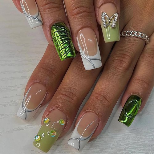 BABALAL Square Press on Nails Medium Fake Nails Green Glue on Nails 3D Butterfly Rhinestone Acryl...
