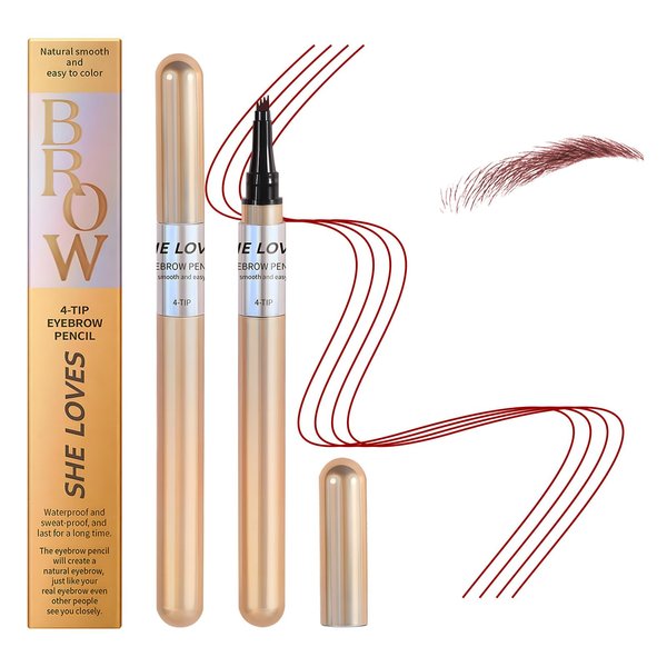 Magic Eyebrow Pencil, 2024 New 3D Microblading Waterproof Eyebrow Pencil, Natural Makeup Fine Stroke Magic Eyebrow Pencil with 4 Micro-Fork Tip for Women (Red Brown)